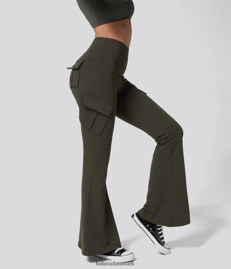 aktivt tøj dk Halara Kvinder højtaljede cargo lomme flare yoga bukser enlig fyrregrøn TH606J250