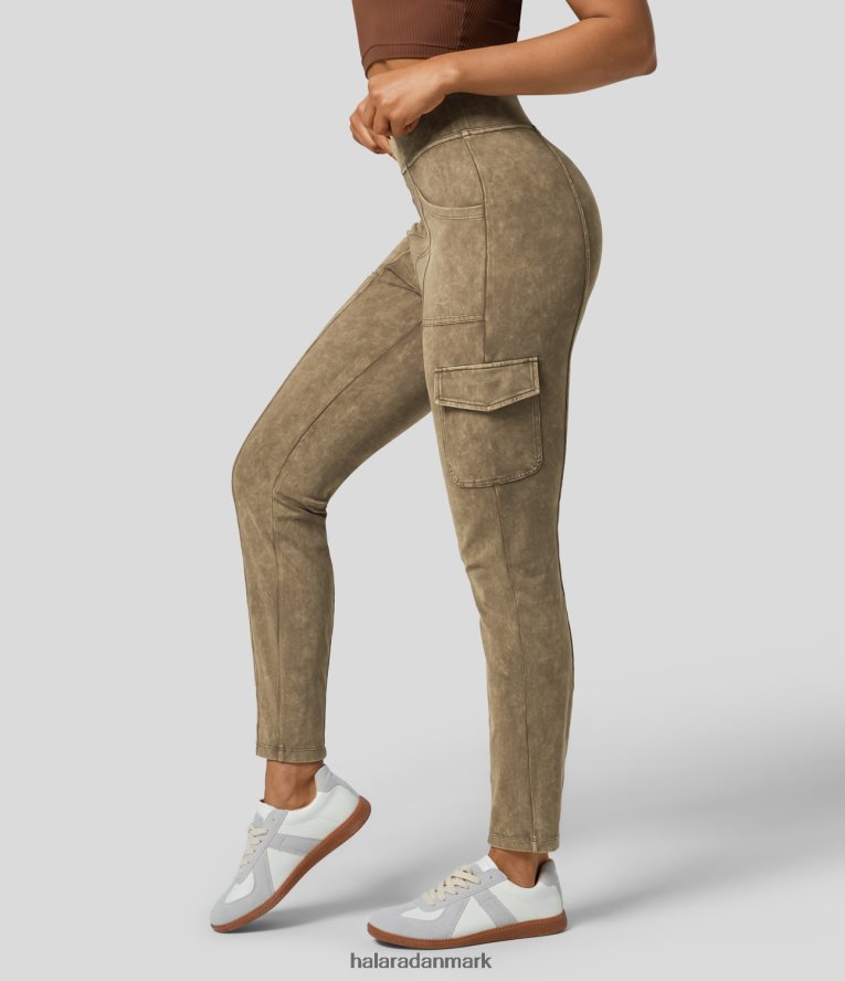 aktivt tøj dk Halara Kvinder højtaljede flere lommer vaskede afslappede cargo bukser farvet brungul TH606J276