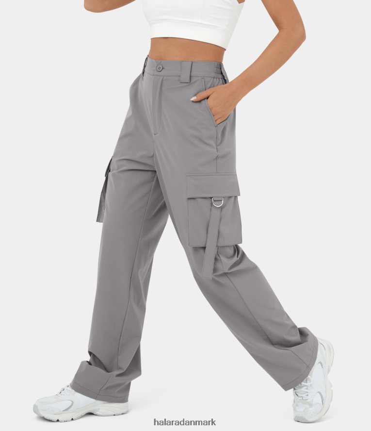 aktivt tøj dk Halara Kvinder højtaljede knap lynlås flere lommer lige ben casual cargo bukser sørgende due TH606J256