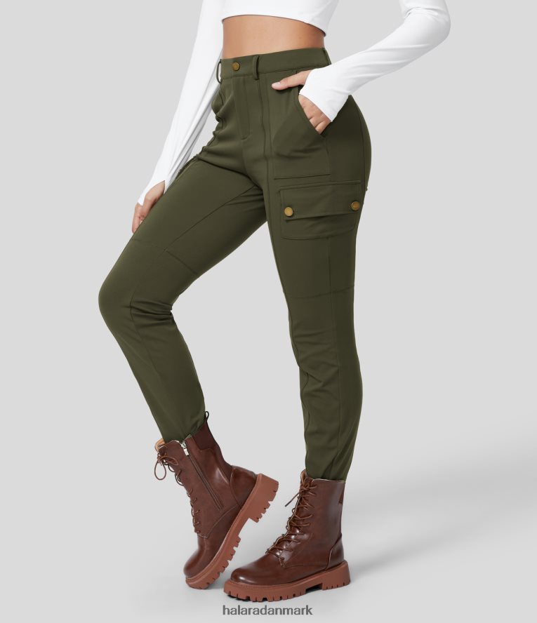 aktivt tøj dk Halara Kvinder højtaljede knap lynlås flere lommer solide skinny cargo bukser skovnat TH606J232