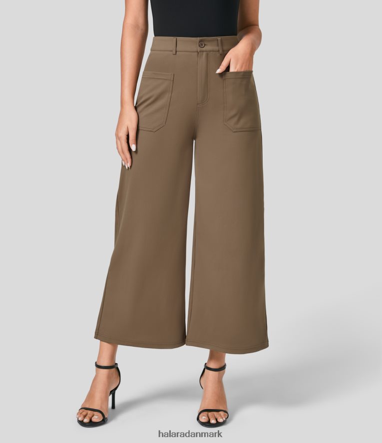 aktivt tøj dk Halara Kvinder højtaljede knaplynlås flere lommer arbejdsbukser med brede ben sepia TH606J145