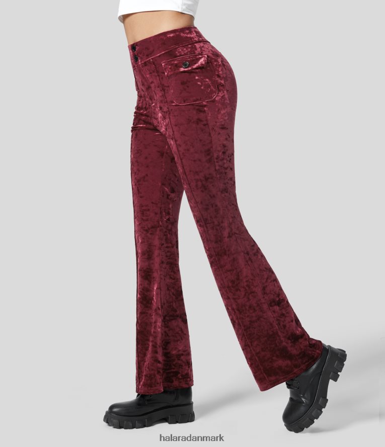 aktivt tøj dk Halara Kvinder højtaljede knapsideklaplomme i fuld længde fløjl afslappede flare bukser bordeaux TH606J379
