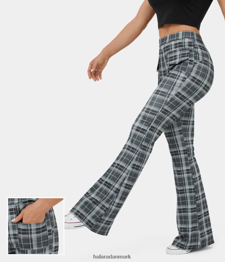 aktivt tøj dk Halara Kvinder højtaljede lomme plaid flare casual bukser grå blå plaid TH606J353