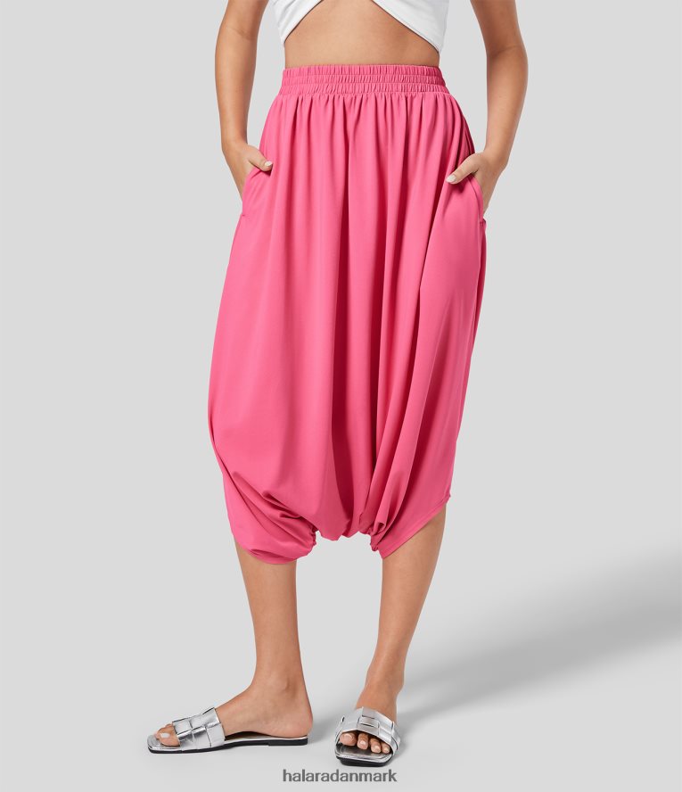 aktivt tøj dk Halara Kvinder højtaljede, plikeret sidelomme drop skridt capri resort bukser kamelia rose TH606J477