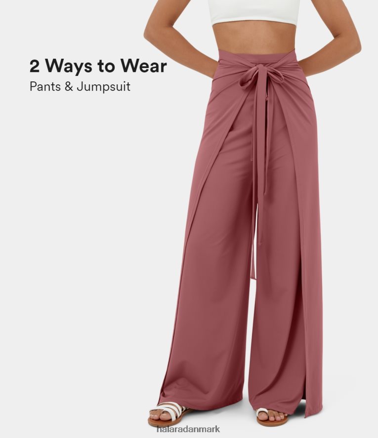 aktivt tøj dk Halara Kvinder højtaljede slips foran splitsøm palazzo brede ben flowy casual bukser lys rosa rød TH606J126