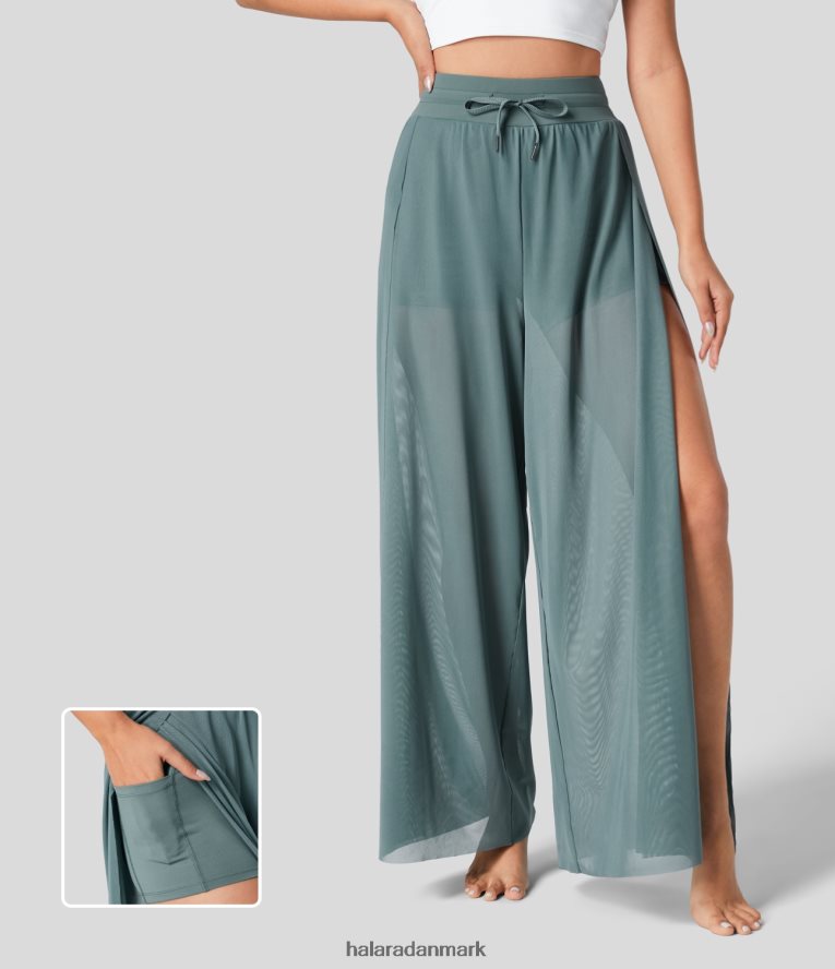 aktivt tøj dk Halara Kvinder højtaljede snøre, kontrast mesh split 2-i-1 sidelomme flydende yogabukser med brede ben original TH606J131
