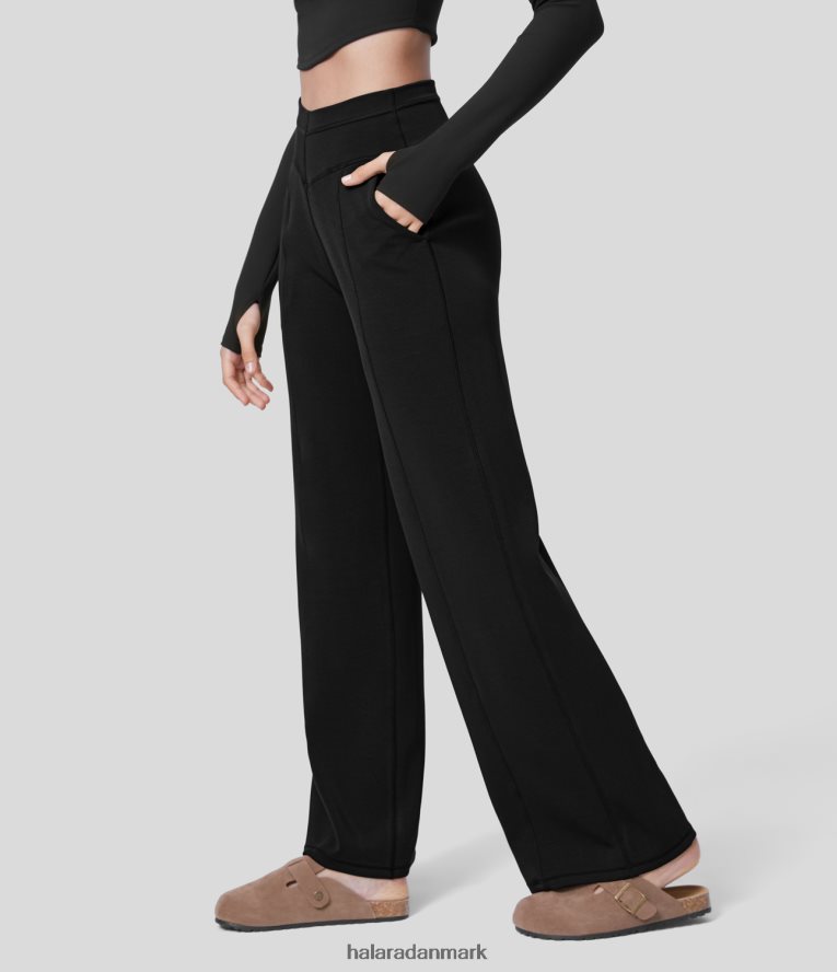 aktivt tøj dk Halara Kvinder højtaljede v-formet sidelomme afslappede bukser med brede ben sort TH606J173