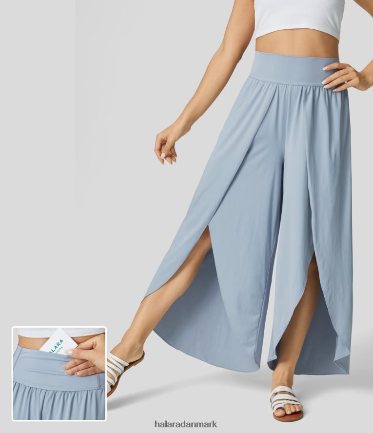 aktivt tøj dk Halara Kvinder højtaljet bagpå linning lomme palazzo flowy split brede ben cool touch afslappet bukser blå tåge TH606J204