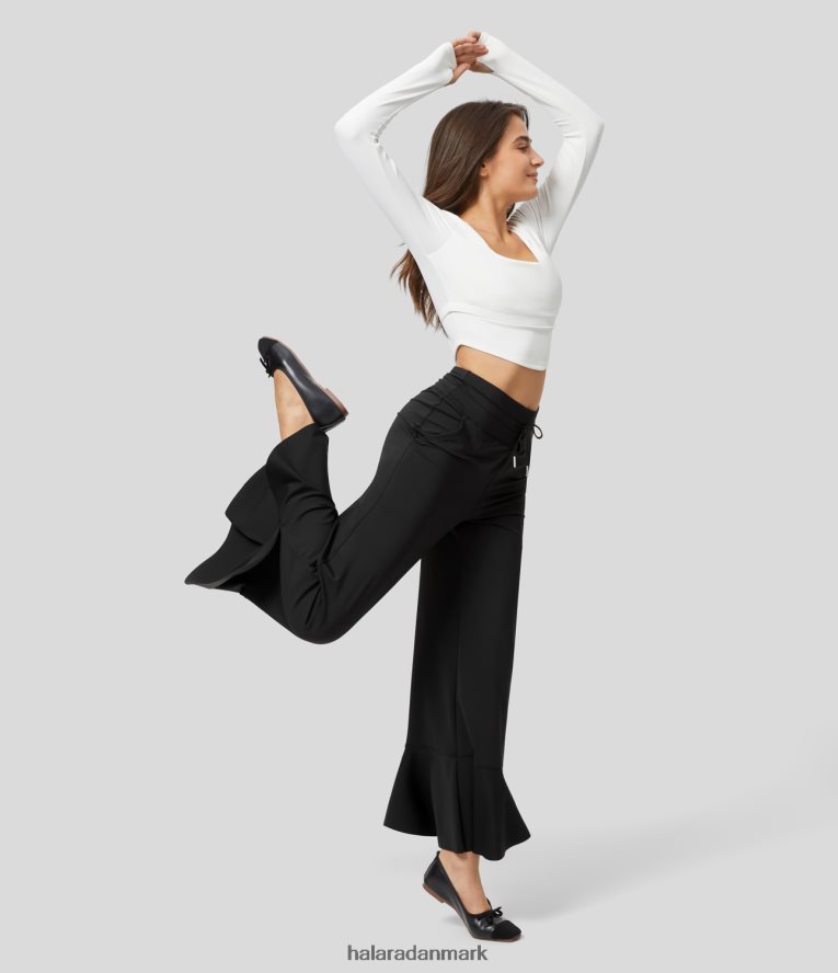 aktivt tøj dk Halara Kvinder højtaljet snøre i sidelomme med flæser solide dansebukser med brede ben sort TH606J191