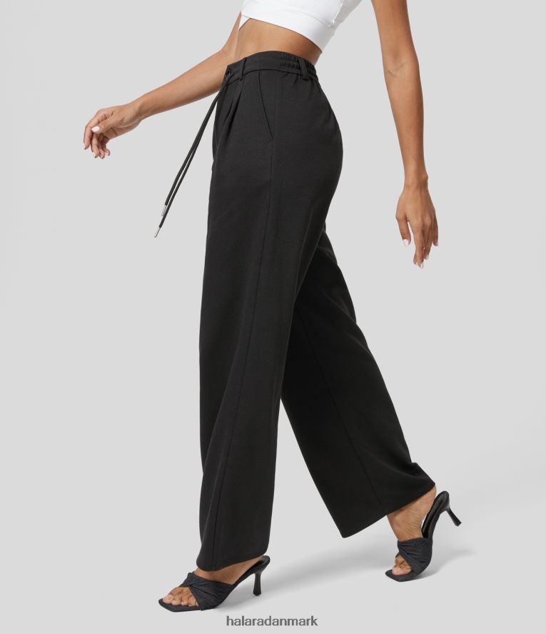 aktivt tøj dk Halara Kvinder højtaljet snoretræk med lynlås i sidelomme med lige ben i bomuldstræningsbukser sort TH606J435