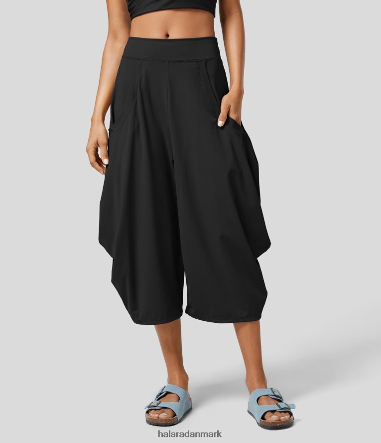 aktivt tøj dk Halara Kvinder mellemhøje flere lommer draperet capri yogabukser med brede ben sort TH606J165