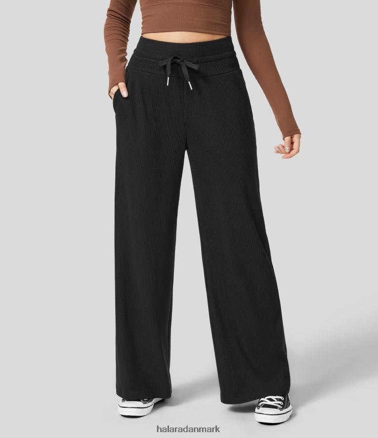 aktivt tøj dk Halara Kvinder ribstrikkede højtaljede løbebukser i sidelomme med brede ben sort TH606J227