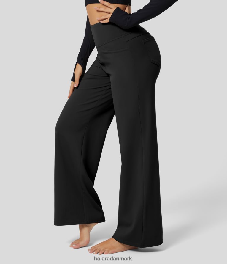 aktivt tøj dk Halara Kvinder softlyzero eco højtaljede baglomme solide yogabukser med brede ben sort TH606J168