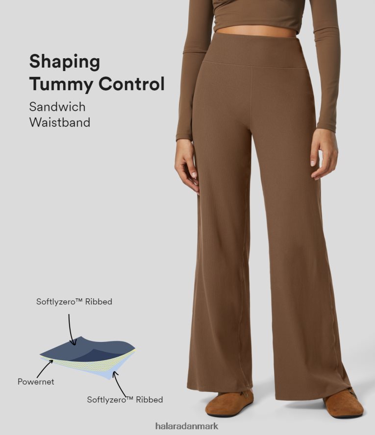 aktivt tøj dk Halara Kvinder softlyzero ribbede højtaljede baglomme mavekontrol yogabukser med brede ben toffee TH606J221
