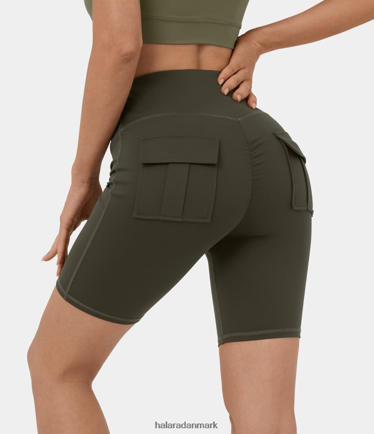 aktivt tøj dk Halara Kvinder højtaljede bagklaplomme yoga cargo bikershorts 7'' skovnat TH606J257