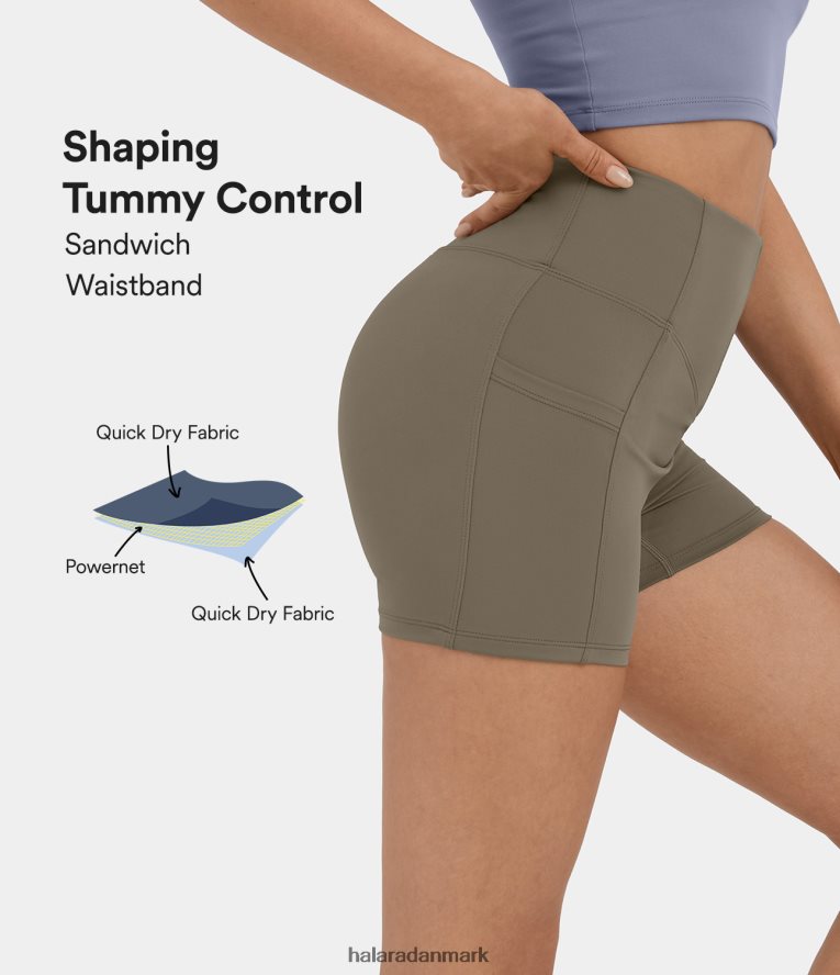 aktivt tøj dk Halara Kvinder højtaljede v-formet sandwich linning mavekontrol sidelomme yoga bikershorts 3'' hø brun TH606J1428
