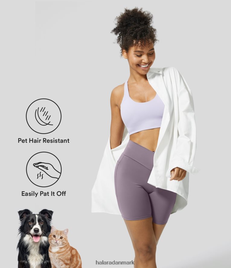aktivt tøj dk Halara Kvinder pattoff kæledyrshårafvisende crossover bikershorts i sidelomme 7'' hibiscus lilla TH606J1283