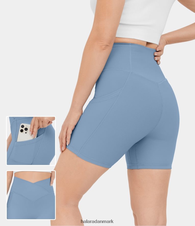 aktivt tøj dk Halara Kvinder ribbede højtaljede crossover yoga-bikershorts i sidelomme original TH606J1302