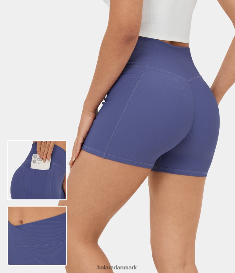 aktivt tøj dk Halara Kvinder ribstrikket højaljede crossover sidelomme yoga bikershorts 3,5'' støvede peri TH606J1294