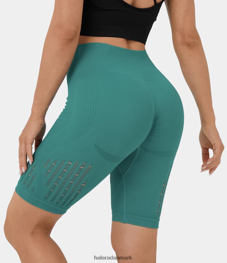 aktivt tøj dk Halara Kvinder sømløst flow højtaljede rynket udskårne yoga bikershorts 8'' grøn-blå skifer TH606J1446