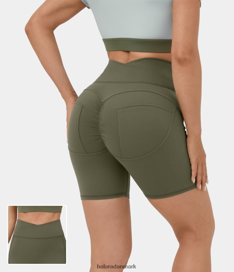 aktivt tøj dk Halara Kvinder softlyzero plys højtaljede crossover rynkede almindelige yoga bikershorts 5'' græs grågrøn TH606J1304