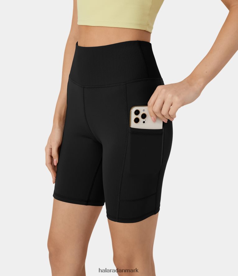 aktivt tøj dk Halara Kvinder softlyzero plys ribkant linning sidelomme yoga bikershorts 7" sort TH606J1443