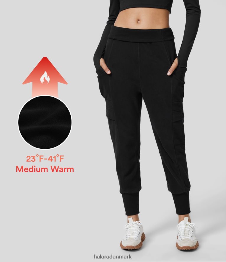 aktivt tøj dk Halara Kvinder højtaljede foldbare sidelomme harem fleece afslappede cargo joggers i bomuld sort TH606J12