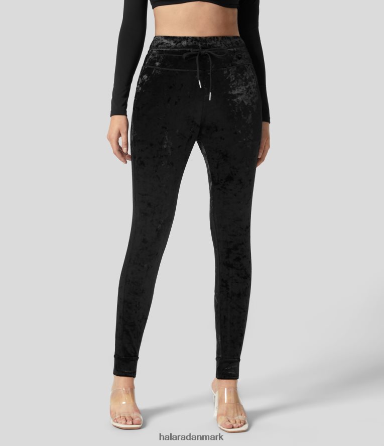 aktivt tøj dk Halara Kvinder højtaljede løbesko i sidelomme i fuld længde af fløjl afslappede joggere sort TH606J95