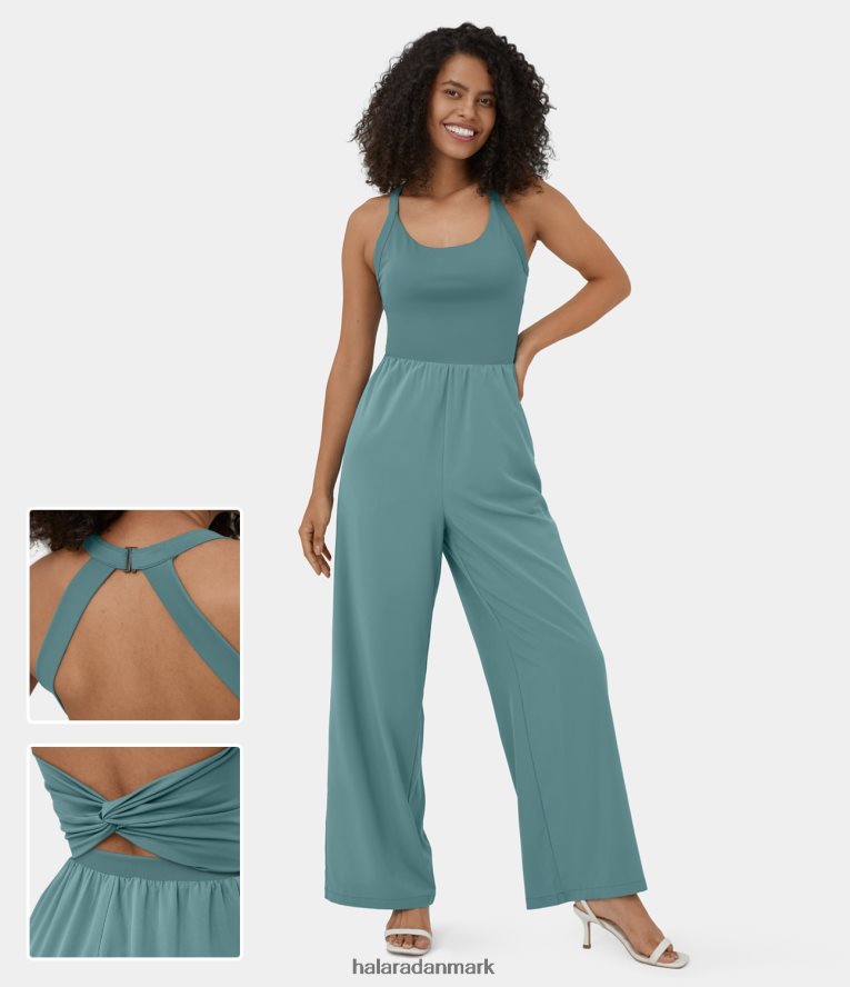 aktivt tøj dk Halara Kvinder Breezeful rygløs udskåret snoet ærmeløs sidelomme flydende hurtigtørrende yoga jumpsuit mineralblå TH606J2079