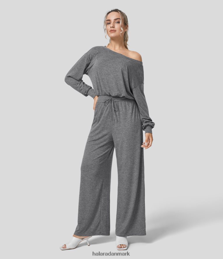 aktivt tøj dk Halara Kvinder bådhals langærmet snøre i sidelomme casual jumpsuit darl grey blomstret garn TH606J2088