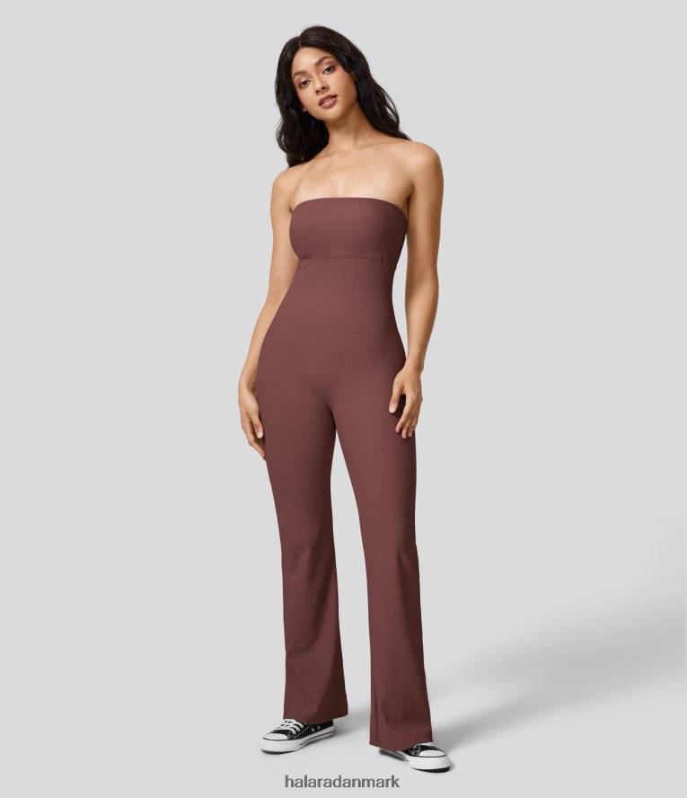 aktivt tøj dk Halara Kvinder ribbet ærmeløs tube let flare lounge jumpsuit kaffe brun TH606J2096