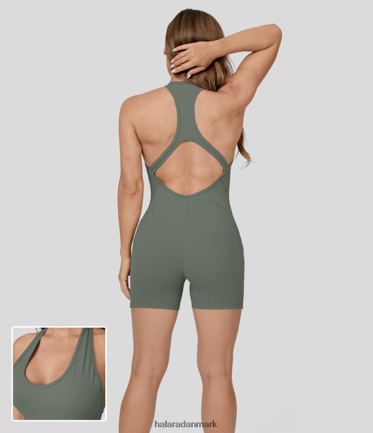 aktivt tøj dk Halara Kvinder softlyzero plys u-hals rygløs racerback cut out yoga jumpsuit røg grågrøn TH606J2093