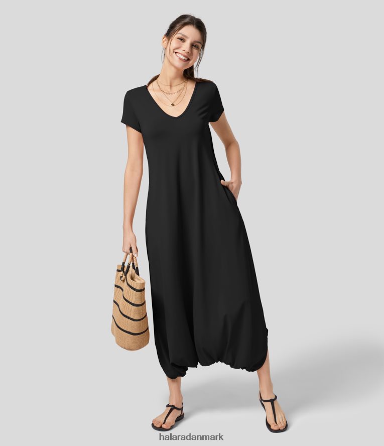 aktivt tøj dk Halara Kvinder v-hals kortærmet på kryds og tværs af sidelomme drop-skridt resort jumpsuit sort TH606J2084