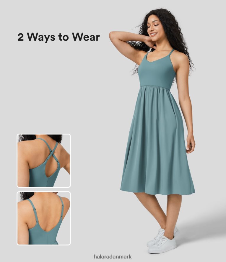 aktivt tøj dk Halara Kvinder Breezeful justerbar rem bagløs lomme flydende midi slip quick dry dans aktiv kjole sten blå TH606J790