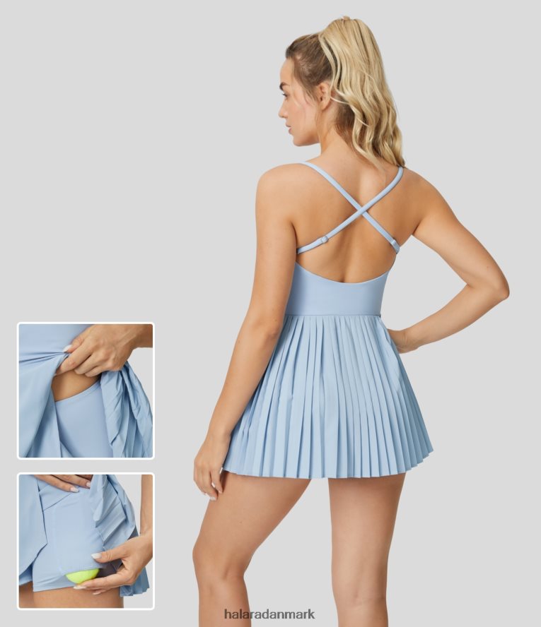 aktivt tøj dk Halara Kvinder Breezeful rygløs plisseret 2-delt sidelomme hurtigtørrende mini slip tennis aktiv kjole tynd isblå TH606J961