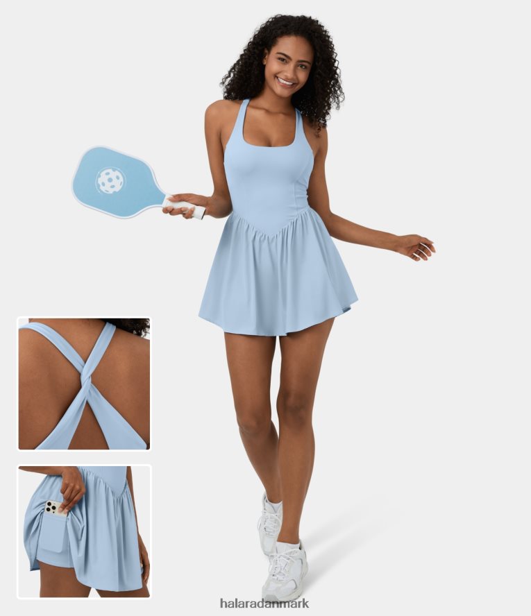 aktivt tøj dk Halara Kvinder Breezeful rygløst korset 2-i-1 lomme mini hurtigtørrende flydende pickleball aktiv kjole Engel falder TH606J774
