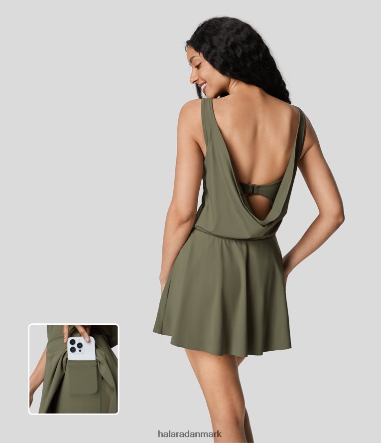 aktivt tøj dk Halara Kvinder draperet rygløs g-krog 2-i-1 sidelomme aktiv mini-dans-kjole visne grøn TH606J801