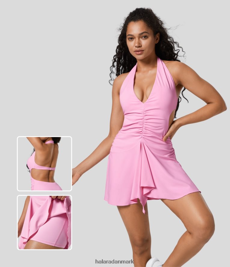 aktivt tøj dk Halara Kvinder dyb v-hals grime bagløs g-krog rynket 2-i-1 mini yoga aktiv kjole næsegrus TH606J926