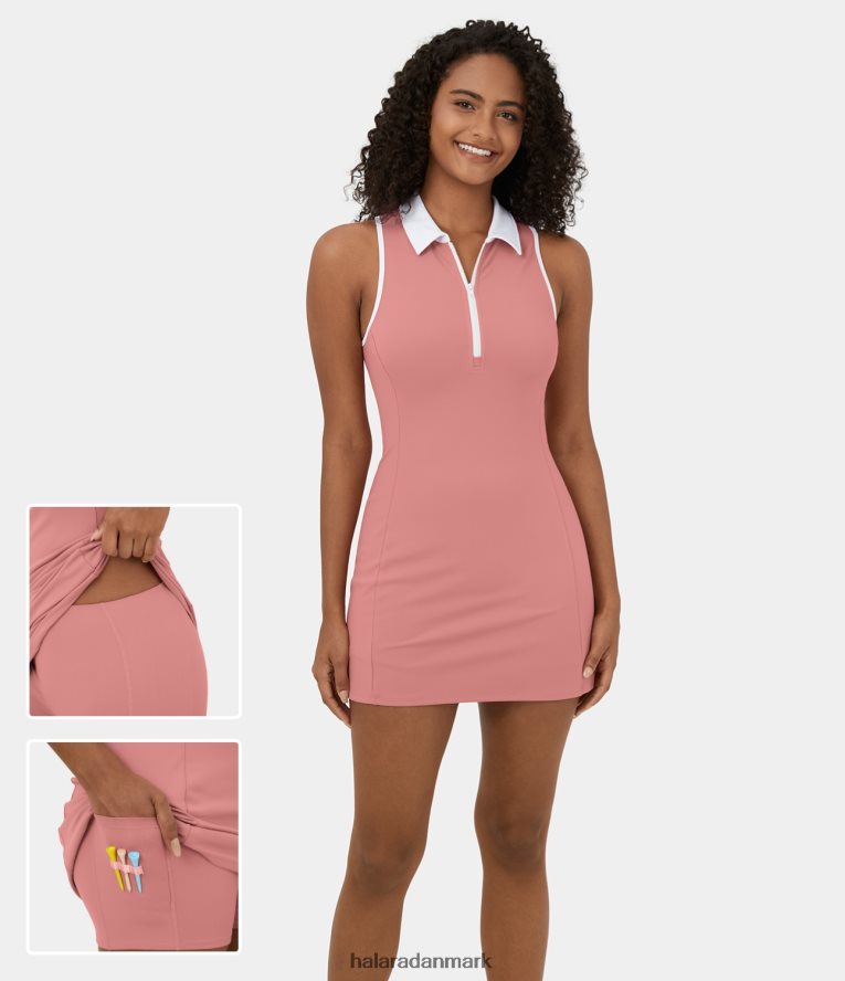 aktivt tøj dk Halara Kvinder farveblok krave lynlås ærmeløs 2-delt lomme minigolf aktiv kjole-golf tee-lomme slik pink TH606J807