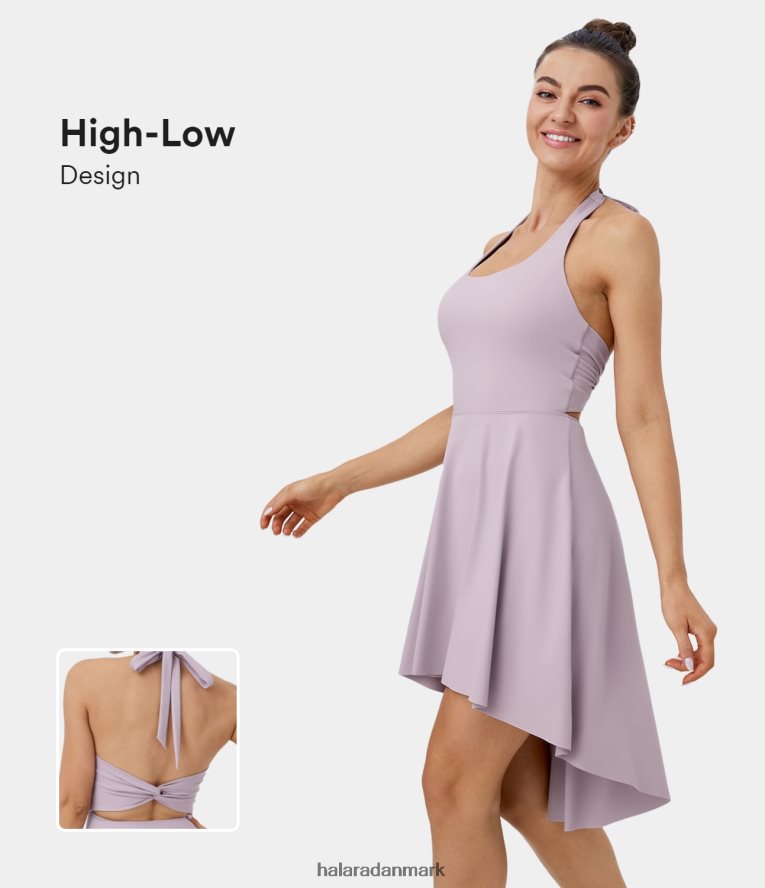 aktivt tøj dk Halara Kvinder grime binde tilbage rygløs snoet sidelomme 2-i-1 høj lav dans aktiv kjole pink lilla TH606J872