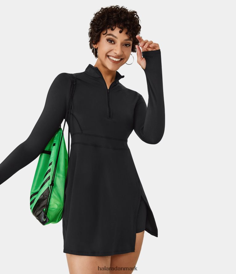 aktivt tøj dk Halara Kvinder halv lynlås tommelfinger hul split 2-delt lomme tennis aktiv kjole sort TH606J776