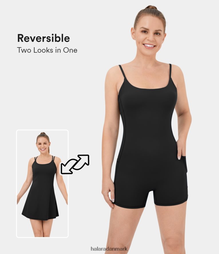 aktivt tøj dk Halara Kvinder hverdags softlyzero plys rygløst 2-delt yoga bodysuit sæt med aktiv kjole sort TH606J945