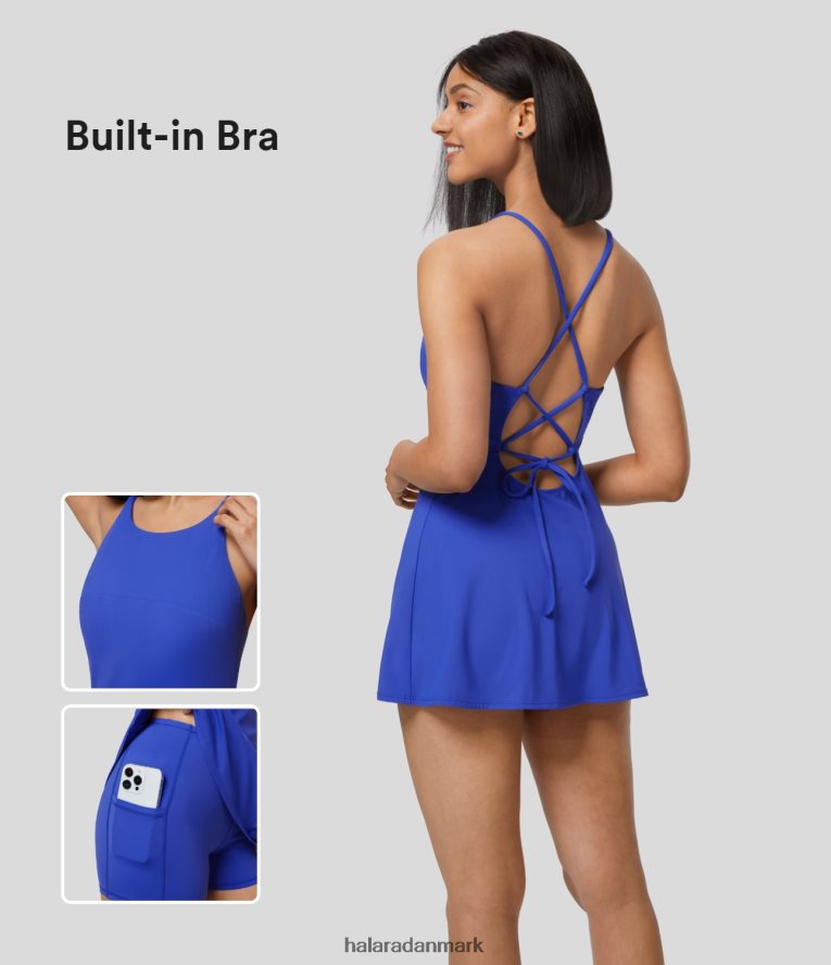 aktivt tøj dk Halara Kvinder justerbar rem, rygløs snørebånd 2-delt sæt lomme, mini slip casual kjole aster blå TH606J866