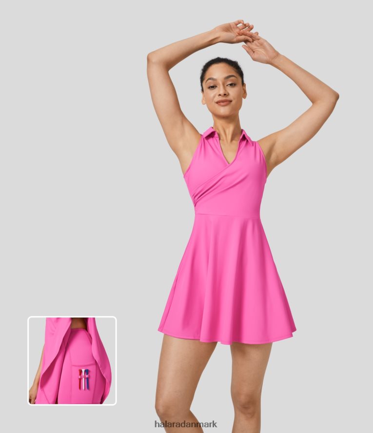 aktivt tøj dk Halara Kvinder krave v-hals plet ærmeløs 2-delt sidelomme flare mini quick dry golf aktiv kjole-golf tee-lomme lækker pudderrosa TH606J825