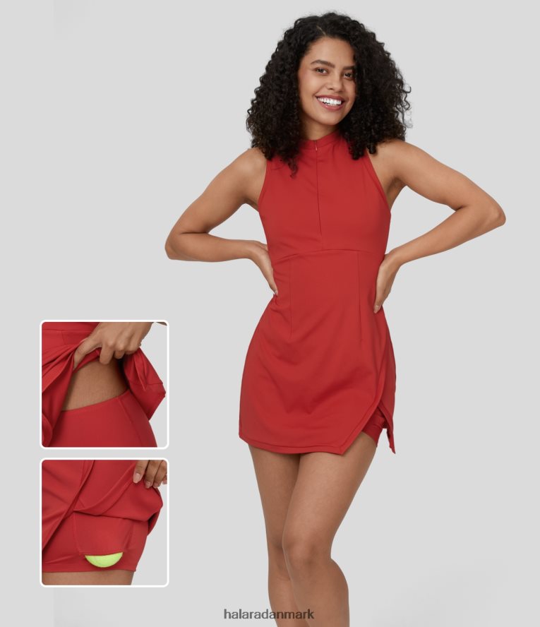 aktivt tøj dk Halara Kvinder lynlås racerback split sidelomme 2-delt mini tennis aktiv kjole tapper valmue TH606J773