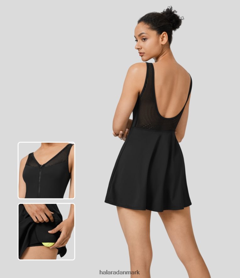aktivt tøj dk Halara Kvinder rygløs lynlås kontrast mesh 2-i-1 lomme hurtigtørrende mini tank tennis aktiv kjole sort TH606J877