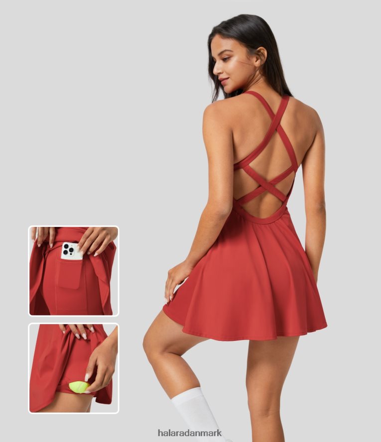 aktivt tøj dk Halara Kvinder rygløs på kryds og tværs 2-i-1 lomme hurtigtørrende mini tennis aktiv kjole tapper valmue TH606J842