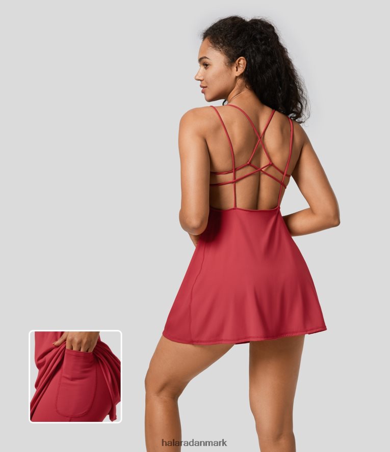 aktivt tøj dk Halara Kvinder rygløs på kryds og tværs 2-i-1 sidelomme flare mini slip yoga aktiv kjole salsa TH606J892