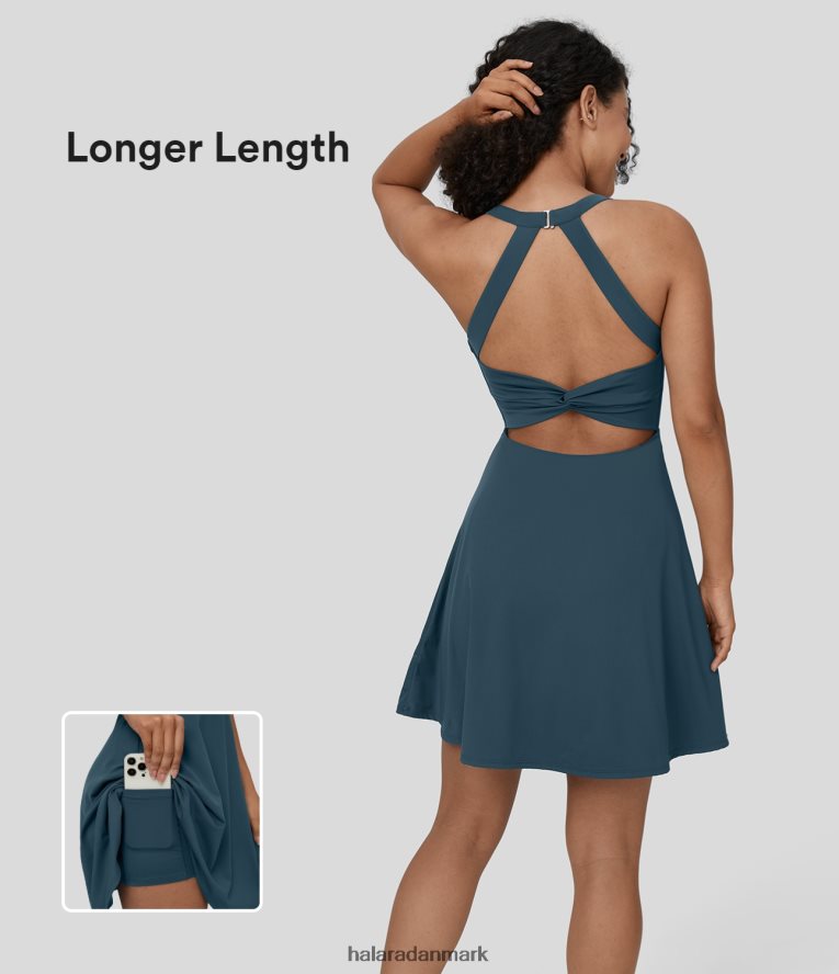 aktivt tøj dk Halara Kvinder rygløs snoet flare mini dans aktiv kjole-længere længde majolica blå TH606J769