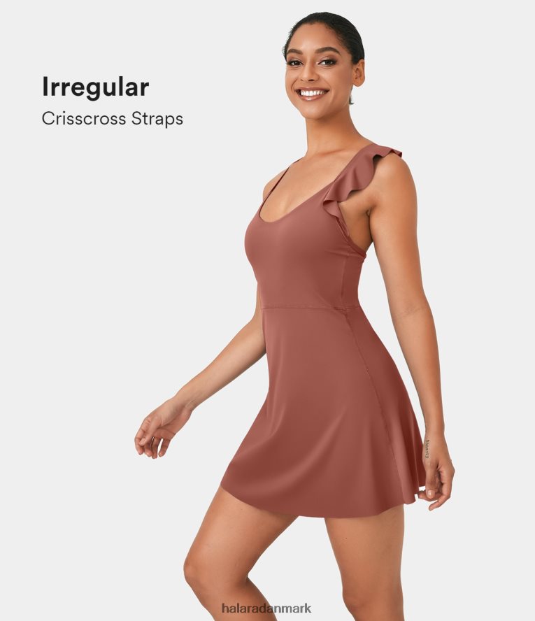 aktivt tøj dk Halara Kvinder softlyzero luftig flæse rygløs på kryds og tværs 2-i-1 lomme cool touch mini yoga aktiv kjole etruskisk rød TH606J935